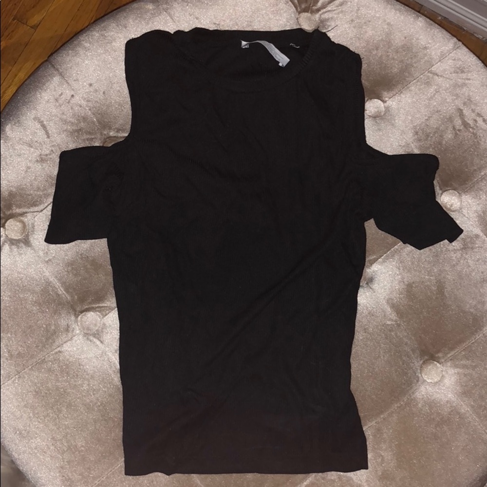 Zara Black Silky Exposed Shoulder Ribbed Tee